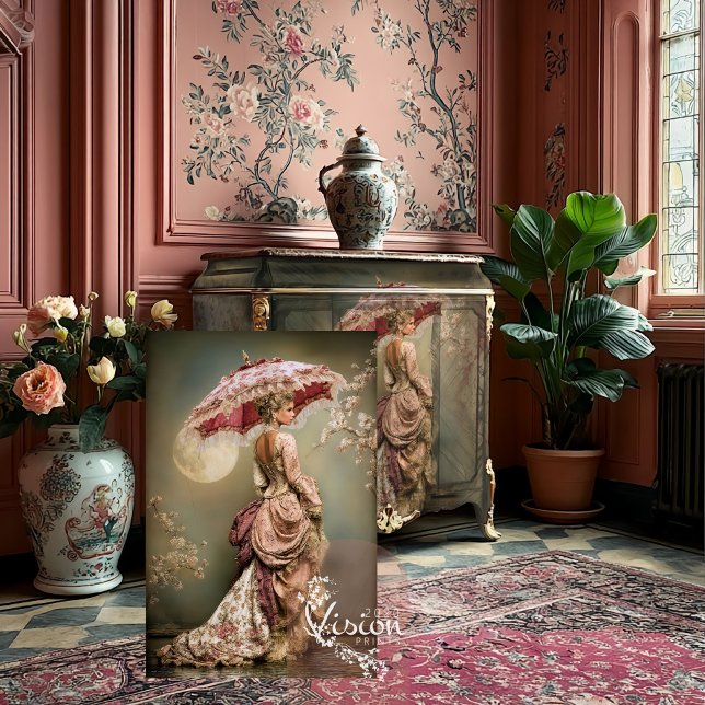 Papel De Seda Soletrado Vitoriano Rosa de Damasco Vestido Lua Do (Victorian portrait panel beside dark cabinet in rose pink panelled French room)