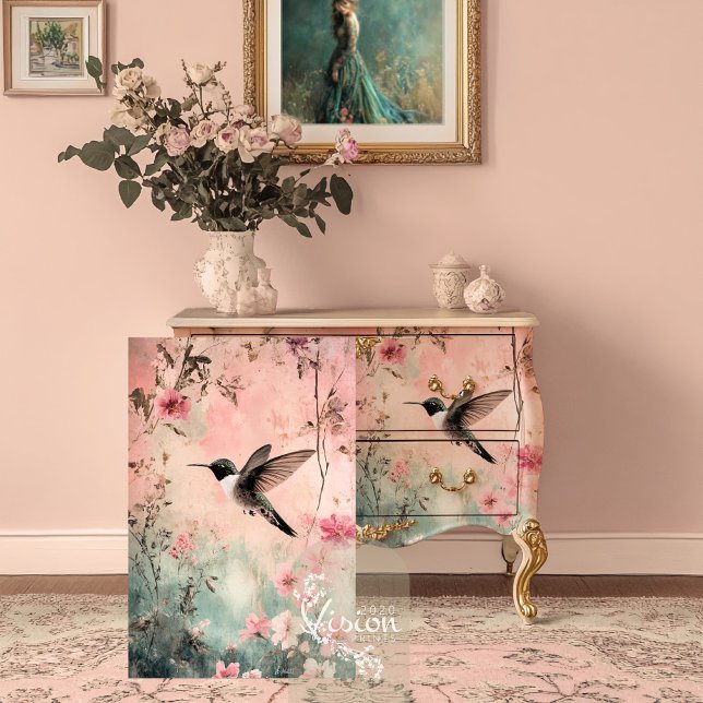 Papel De Seda Sonhos de beija-flor, Abstrato oral etéreo (Hummingbird Dreams, Ethereal Bird and Floral Art Decoupage Tissue Paper.)