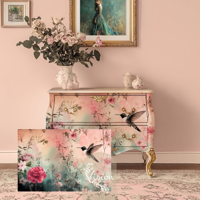 Papel De Seda Sonhos de Beija-flor, Floral Etéreo (Hummingbird Dreams, Ethereal Bird and Floral Art Decoupage Tissue Paper.)