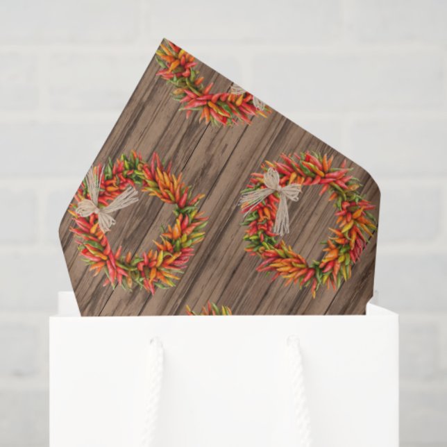 Papel De Seda Southwest Rustic Chile Pepper Wreaths Wood Pattern (Sacola de presentes)