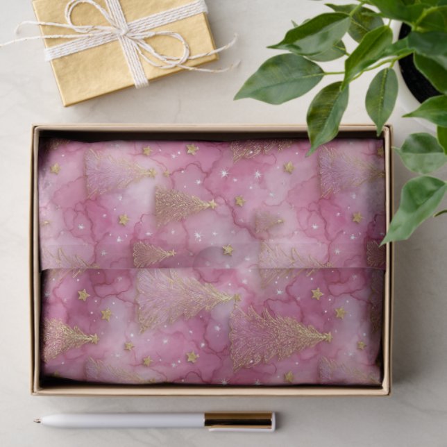 Papel De Seda Sparkly Gold Holiday Tree on Pink (Presente)