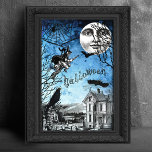 Papel De Seda Spooky Vintage assombrada Casa e Bruxa na Broomsti<br><div class="desc">Colagem de Spooky Halloween apresentando bruxa em sua vassoura com gato preto voando em uma noite iluminada pela lua escura com casa assombrada e cemitério abaixo e teia de aranha e morcegos acima. Adequado para projetos de dissociação ou artesanato do Halloween.</div>