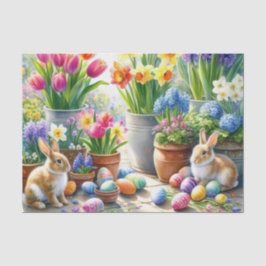 Papel De Seda Springtime Tulips Daffodils Bunnies 