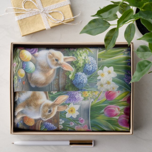 Papel De Seda Springtime Tulips Daffodils Bunnies  (Presente)