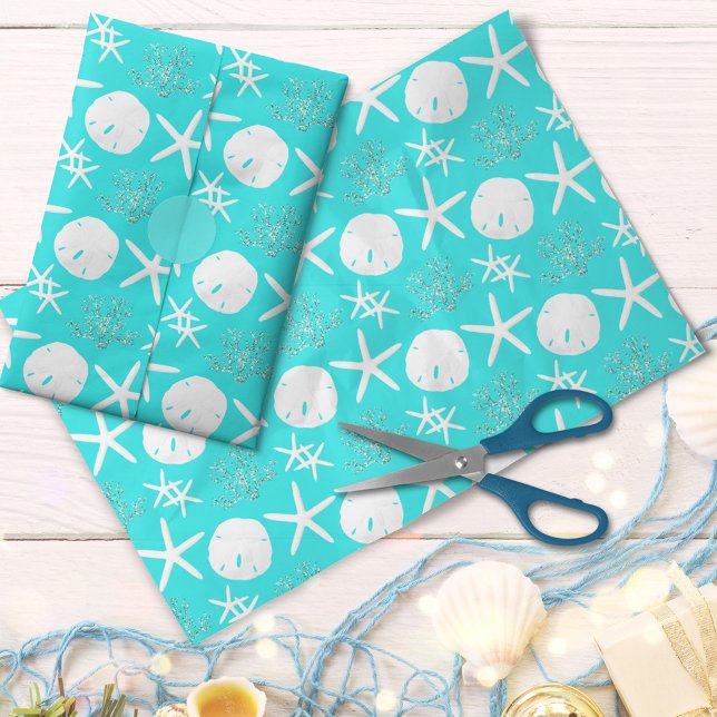 Papel De Seda Starfish Sand Dollar Christmas Beach Aqua Blue (Criador carregado)