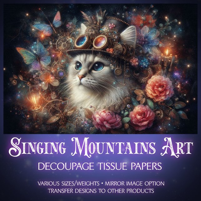 Papel De Seda Steampunk Fantasy Cat Butterflies Decoupage (Criador carregado)