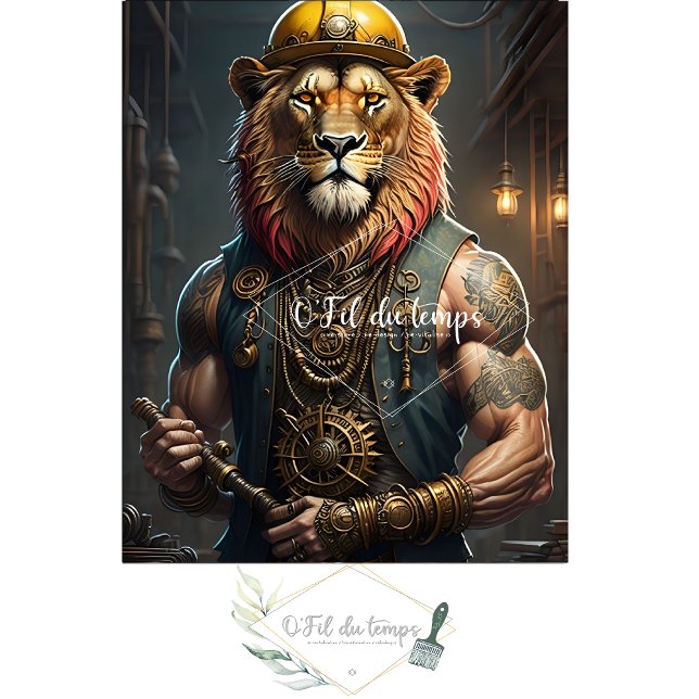 Papel De Seda Steampunk Lion Construction Worker Decoupage (Criador carregado)