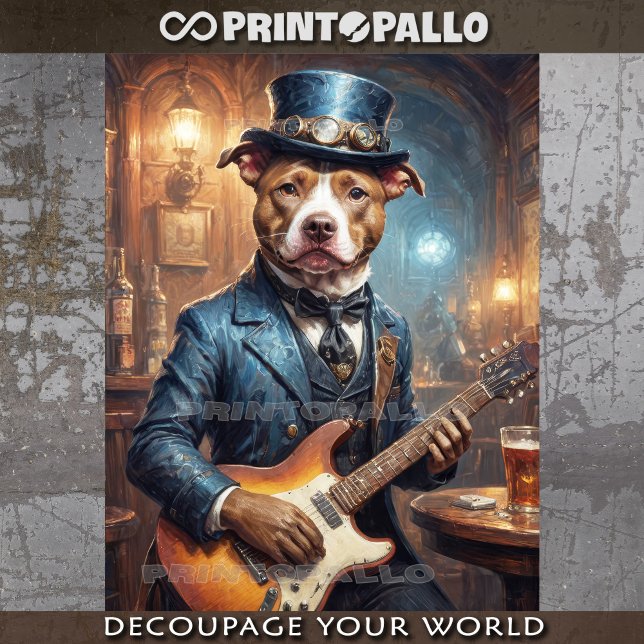 Papel De Seda Steampunk Pitbull tocando violão no bar - (Criador carregado)