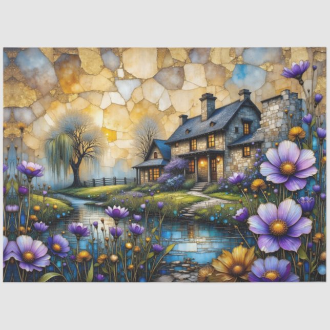 Papel De Seda Stone Country Farmhouse in Floral Landscape (Frente )