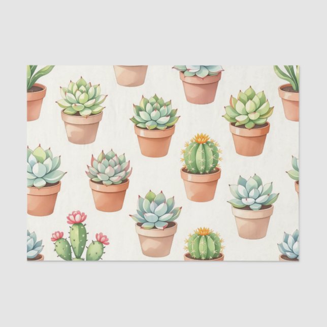 Papel De Seda Succulent Plants Seamless Pattern Terracotta Pots (Frente )