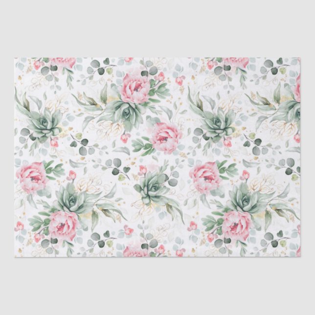 Papel De Seda Suculentas Verdura e Flores Rosa Botânico (Frente )