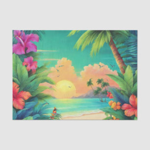 Papel De Seda Sunset de praia tropical com flores de Hibiscus