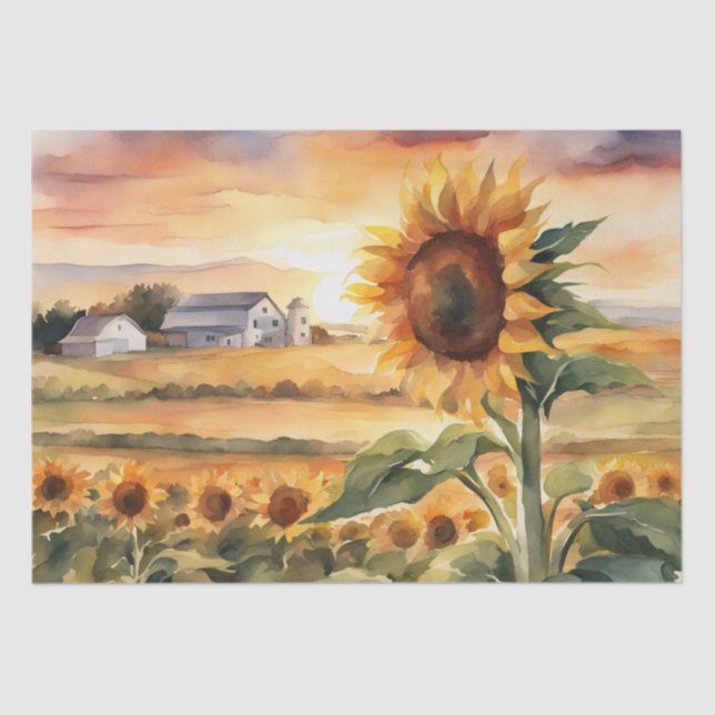 Papel De Seda Sunset Sobre Sunflower Fields: Watercolor Decoupag (Frente )