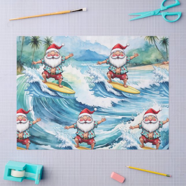 Papel De Seda Surfing Santa is on big wave in Hawaii  (Arte )