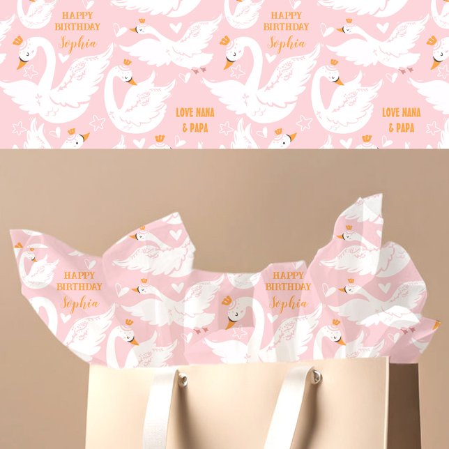Papel De Seda Swan Girl Birthday Name Pink (Swan Girl Birthday Name Pink Tissue Paper)