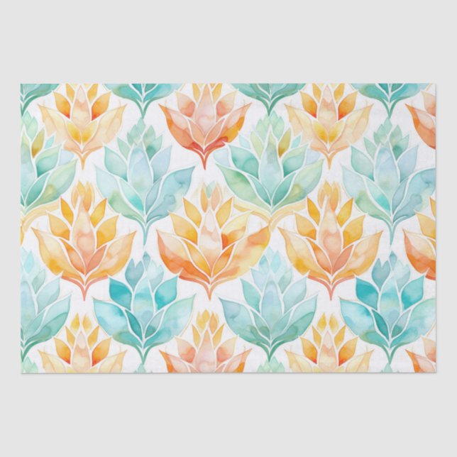 Papel De Seda Tangerina Turquesa Floral Abstrata (Frente )