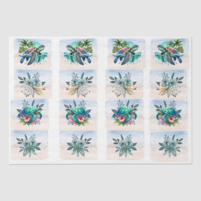 Papel De Seda Tartarugas Marinhas Costeiras Flores Conchas Decou (Frente )