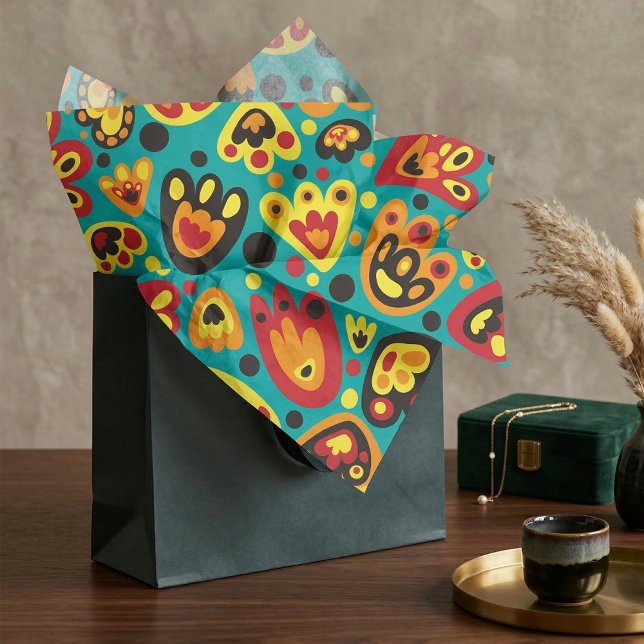 Papel De Seda Teal and Yellow Retro 1960s Mod Floral Pattern (Criador carregado)