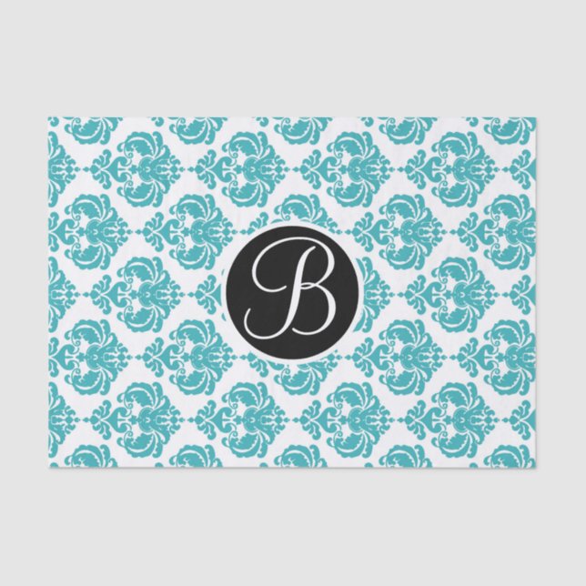 Papel De Seda Teal Aqua Glam Damasco Monograma - Letra Inicial (Frente )