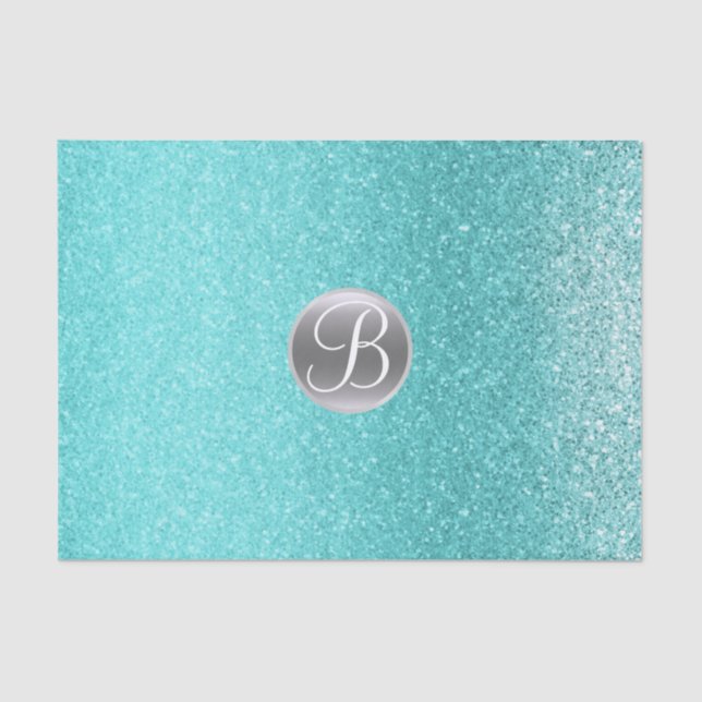Papel De Seda Teal Aqua Glitter Sparkle Glam Monograma Inicial (Frente )