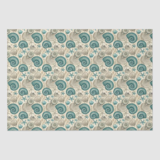 Papel De Seda Teal & Beige Beach Shells Pattern Decoupage (Frente )