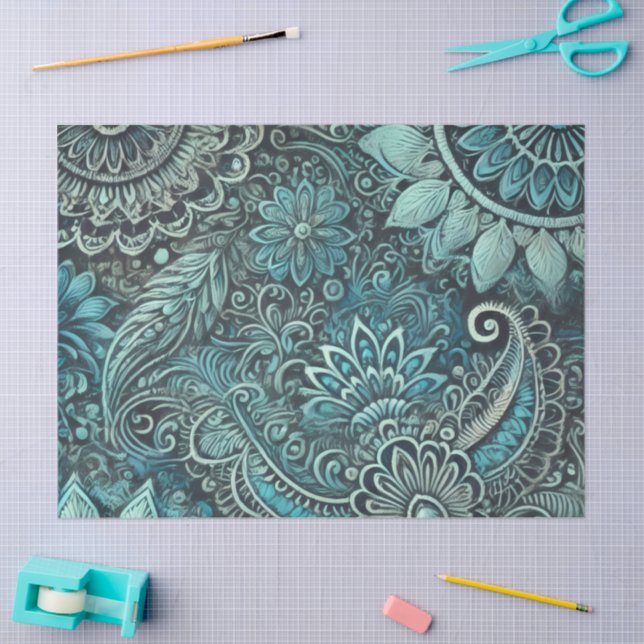 Papel De Seda Teal Blue Paisley Floral Pattern Decoupage (Arte )
