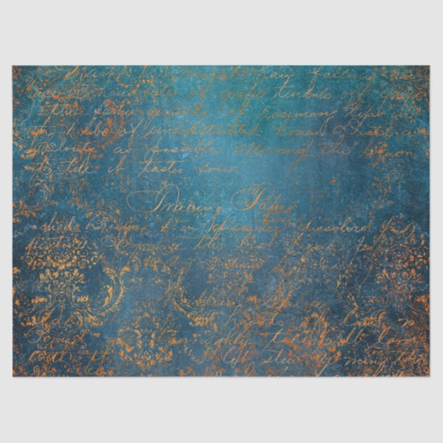Papel De Seda Teal e Cobre Patina Calliografia (Frente )