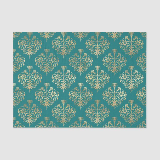 Papel De Seda Teal e Dourado Damask (Frente )