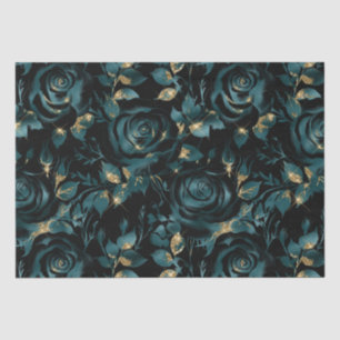 Papel De Seda Teal Elegante e Padrão Floral Dourado de Rosa