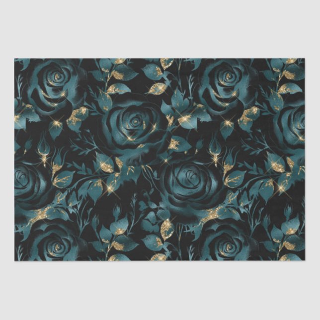 Papel De Seda Teal Elegante e Padrão Floral Dourado de Rosa (Frente )