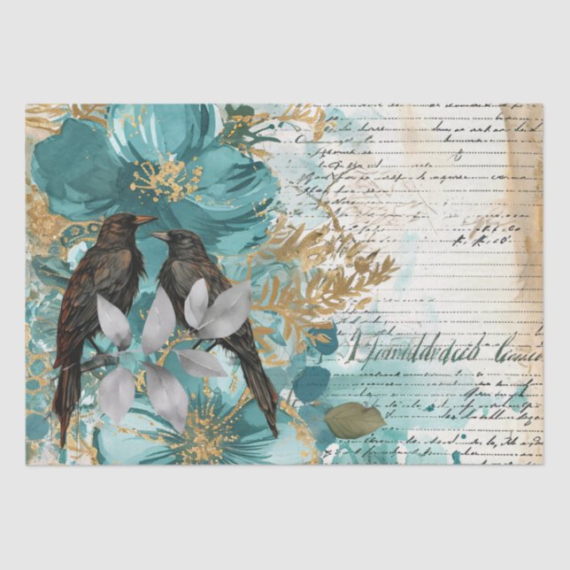 Papel De Seda Teal & Gold Distressed Floral & Ravens (Frente )