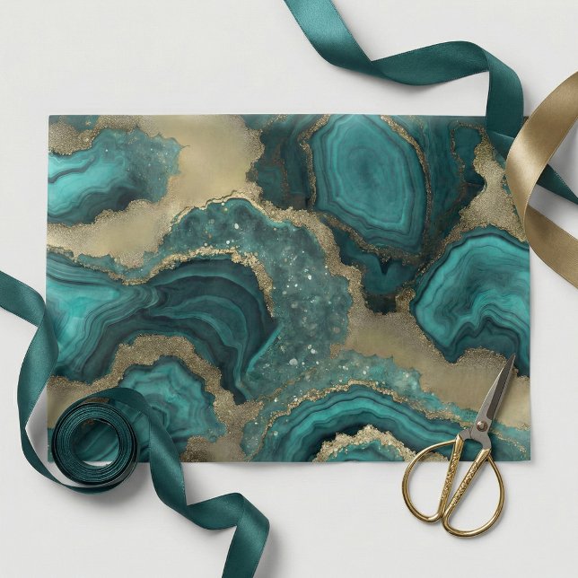 Papel De Seda Teal Turquoise Gold Glitter Agate Geode Marble (Criador carregado)