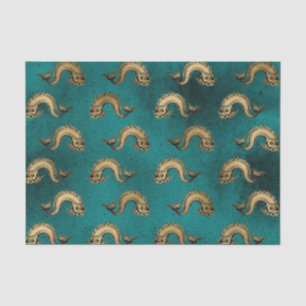 Papel De Seda Teal Vintage e Padrão Herádico Náutico Dourado