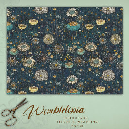 Papel De Seda Tecido de dissociação de flores azuis e Douradas