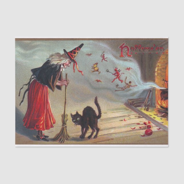 Papel De Seda Tecido do partido do gato preto da bruxa do Dia (Frente )