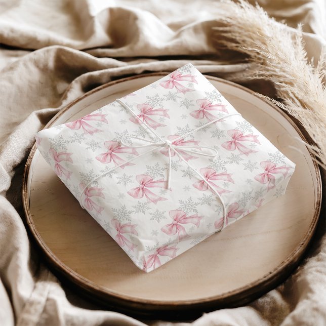 Papel De Seda Tema de Inverno Floco de Neve Prata com Laço Rosa (Pink Bow Silver Snowflake Winter Theme Tissue Paper)