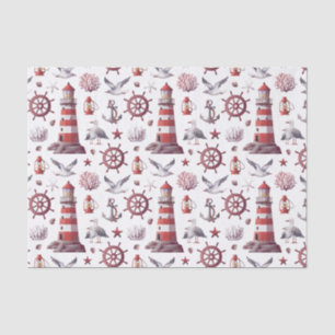Papel De Seda Tema Náutico - Farol, Coral, Vida Marinha