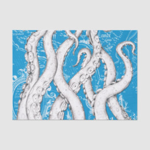 Papel De Seda Tentáculos Brancos Octopus Vintage Map Azul Náutic
