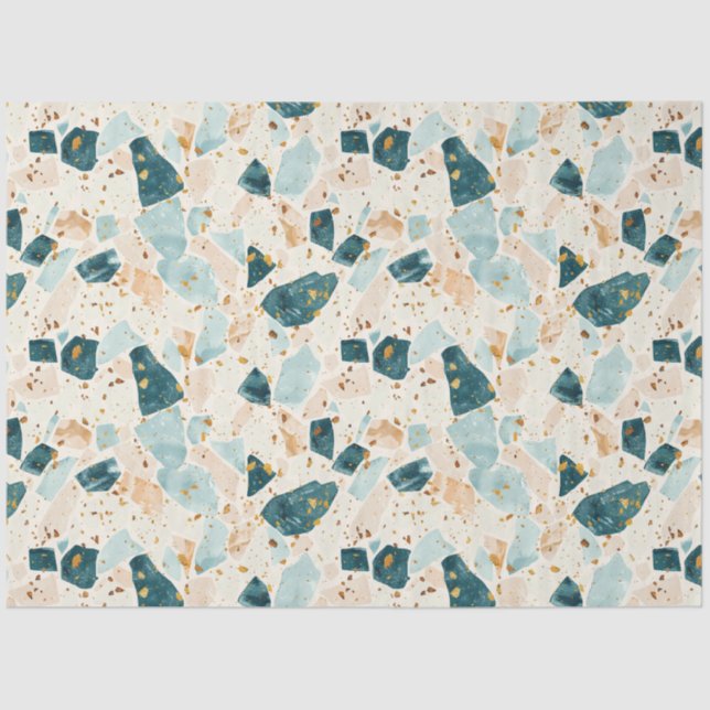 Papel De Seda Terrazzo Teal e Dourada Decoupage de Padrão (Frente )