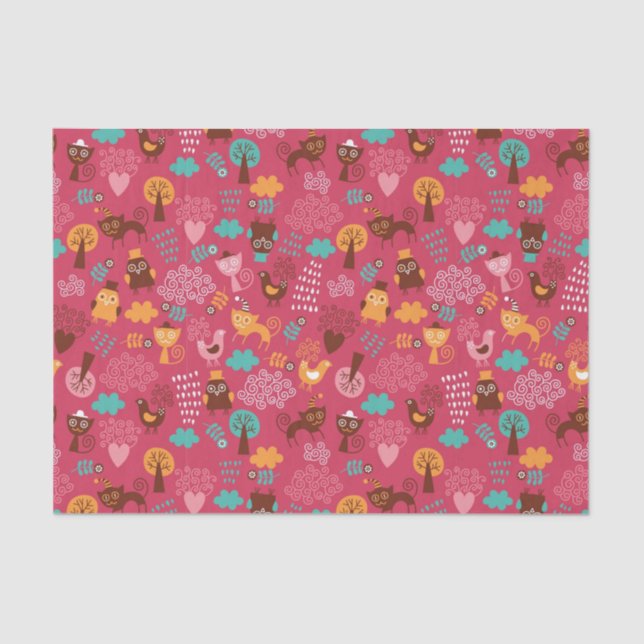 Papel De Seda Teste padrão com pássaros bonitos e gatos (Frente )