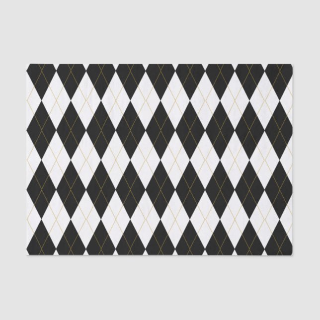 Papel De Seda Teste padrão Dourado do branco | Argyle do preto | (Frente )