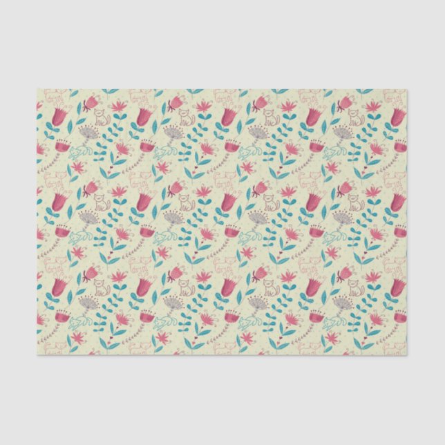 Papel De Seda Teste padrão floral com gatos dos desenhos (Frente )