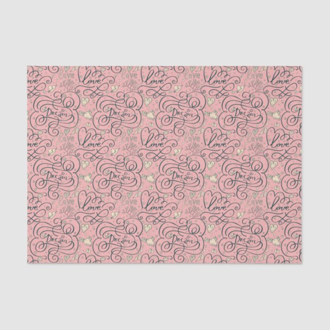 Papel De Seda Teste padrão romântico com corações e pássaros (Frente )