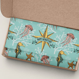 Papel De Seda Texto Personalizado em Estrela Náutica Teal Marinh