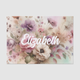 Papel De Seda Texto tipográfico Folhas caídas e flores aquarela