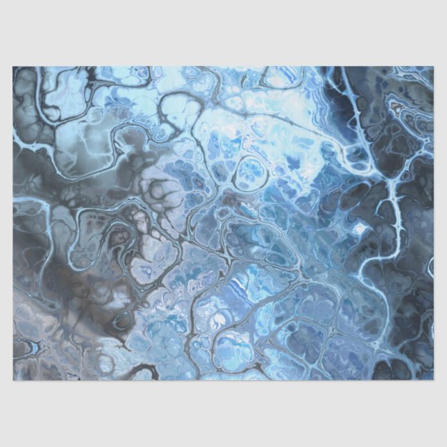 Papel De Seda Textura de Fluido de Gelo de Mármore Azul e Cinza  (Frente )
