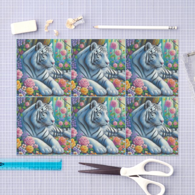 Papel De Seda Tigre Branco na Floresta com Desligamento de Flore (Arte )