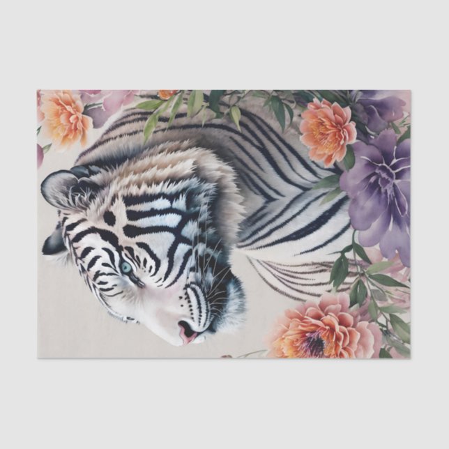 Papel De Seda Tigre Branco Stripes Arte Floral (Frente )