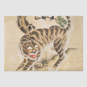 Papel De Seda Tigre Minhwa Antigo sob Árvore de Pinheiro