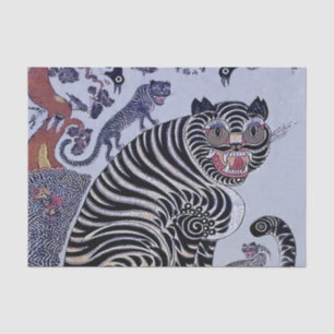 Papel De Seda Tigre Minhwa Coreano com Três Filhotes
